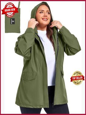 Plus Size Waterproof Raincoat with Hood Light Packable Windbreaker Jacket